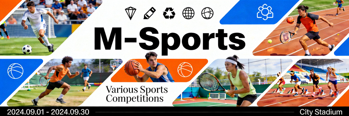 Banner utama M-Sports menampilkan antarmuka modern dan berbagai pertandingan olahraga