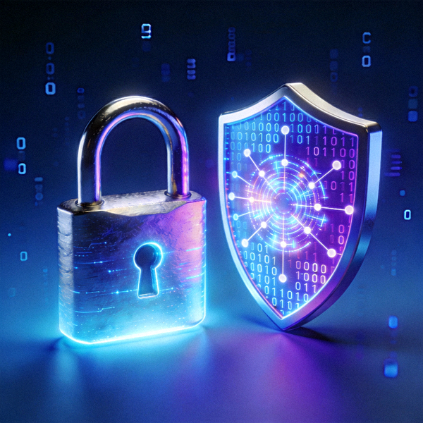 Ilustrasi konsep keamanan siber dengan gembok dan perisai digital