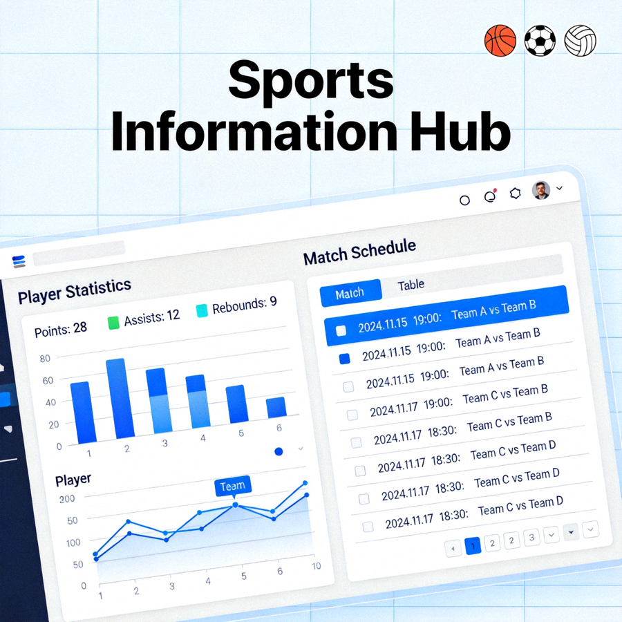 Tampilan antarmuka informasi olahraga dengan data statistik dan jadwal pertandingan