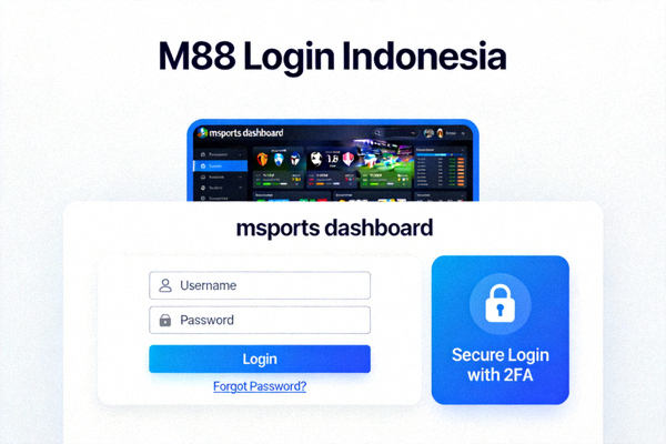 M88 Login Indonesia interface showing msports dashboard and secure login features