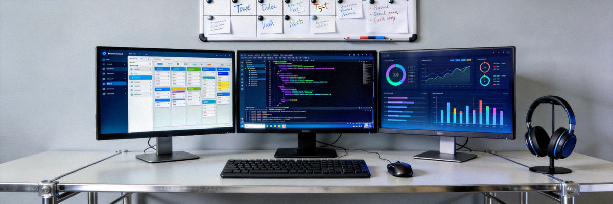 现代数字工作空间，展示多台显示器和高效的工作环境布局