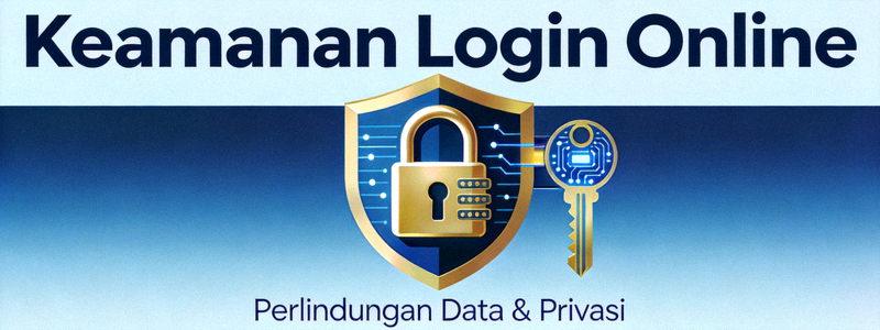 Ilustrasi grafis tentang keamanan login online dengan simbol gembok, perisai, dan kunci