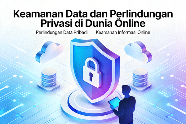 Ilustrasi grafis tentang konsep keamanan data dan perlindungan privasi di dunia online