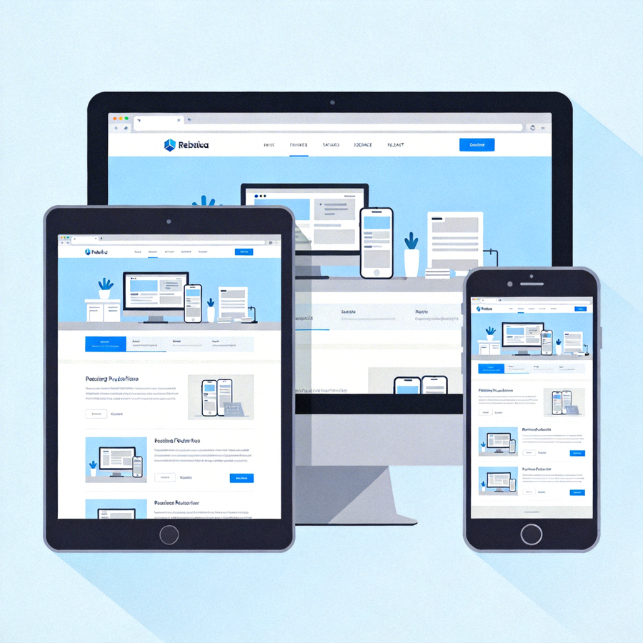 Ilustrasi website yang responsif dan dapat diakses dari berbagai perangkat seperti laptop, tablet, dan ponsel